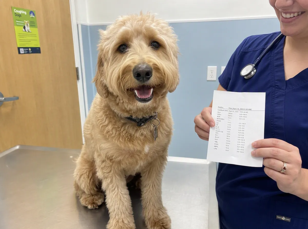 A bright, healthy dog on a vet exam table while a vet holds a blood test result slip