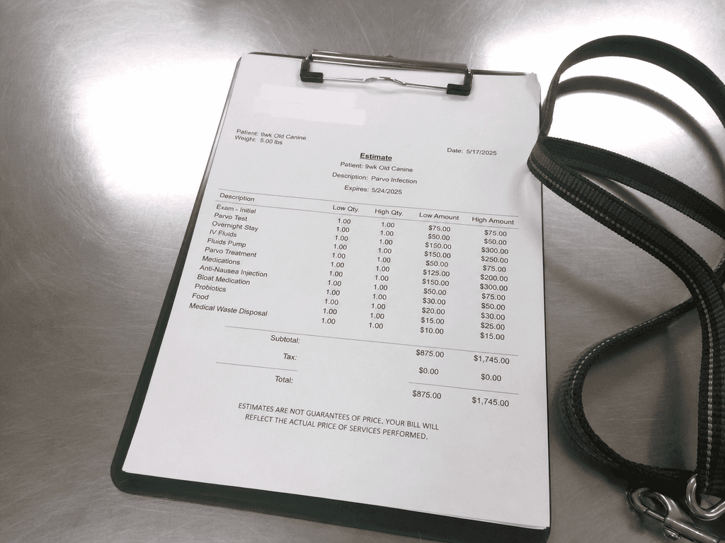 An itemized veterinary invoice for parvo treatment
