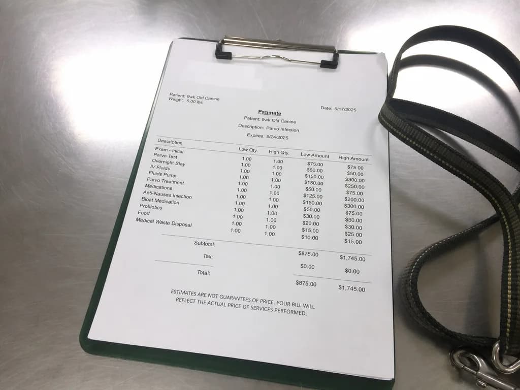 An itemized veterinary invoice for parvo treatment