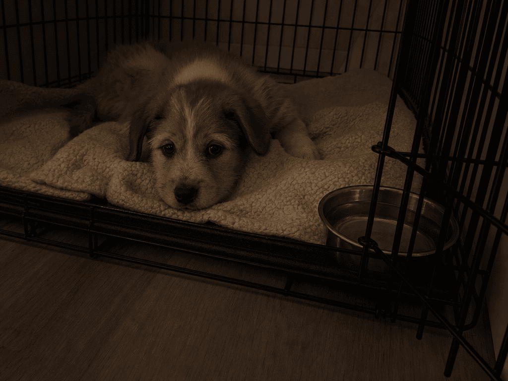 A puppy resting in a crate while recovering from parvovirus