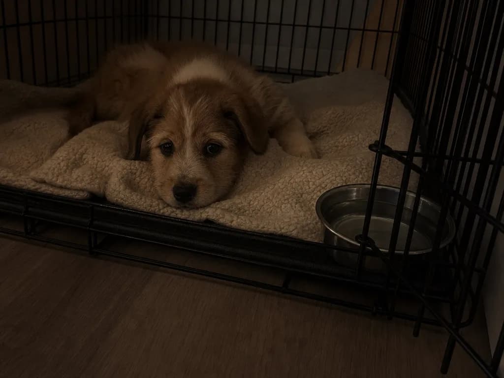 A puppy resting in a crate while recovering from parvovirus