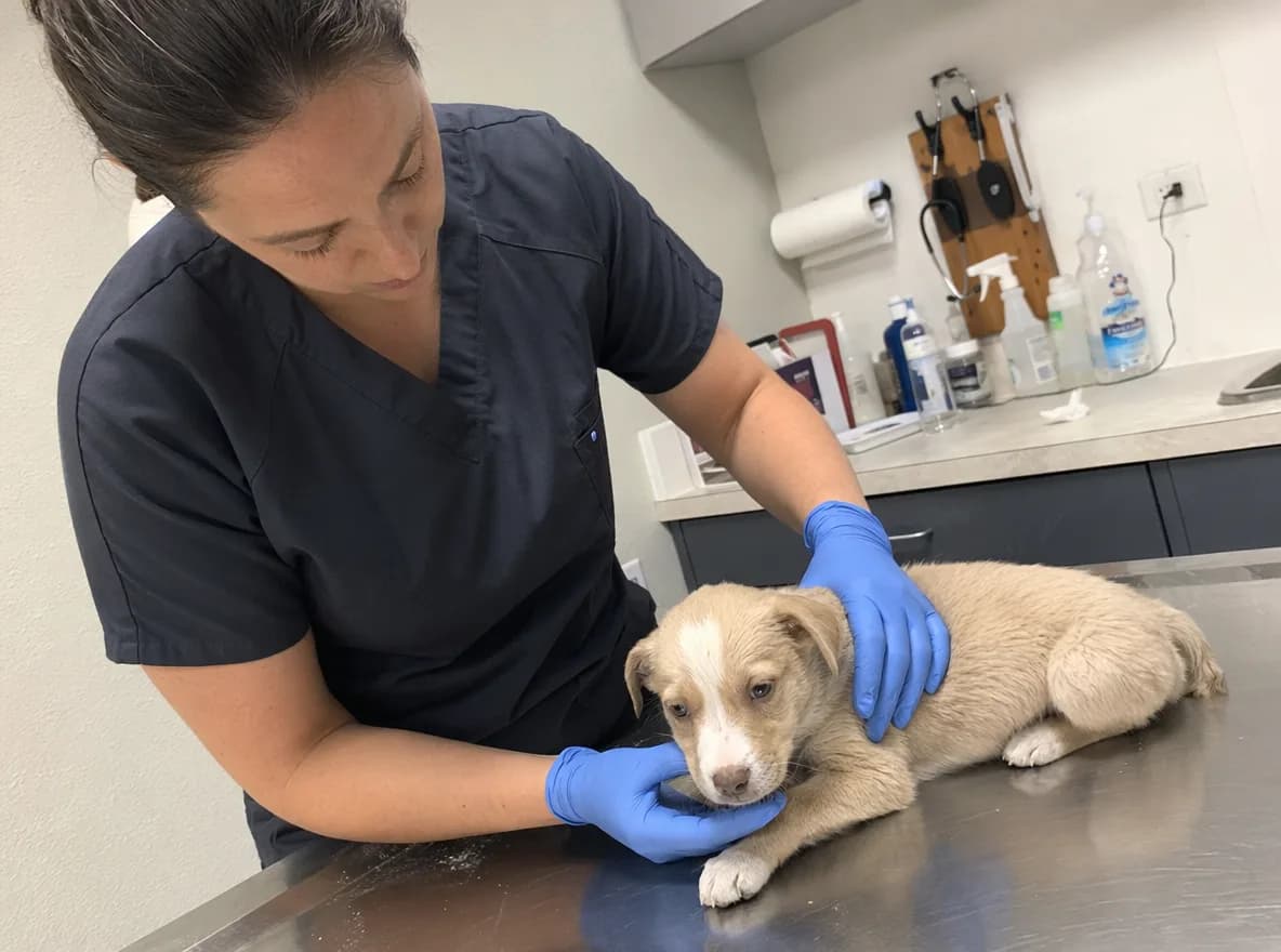 A puppy at the vet testing positive for parvovirus